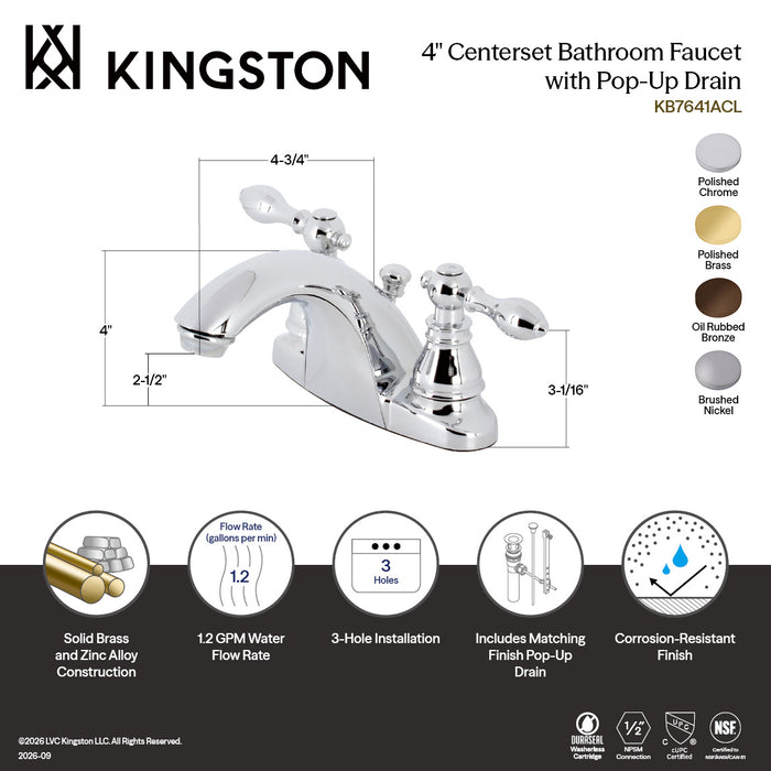 Kingston Brass KB7648ACL American Classic Double-Handle 4" Centerset Bathroom Faucet with Pop-Up Drain, Brushed Nickel