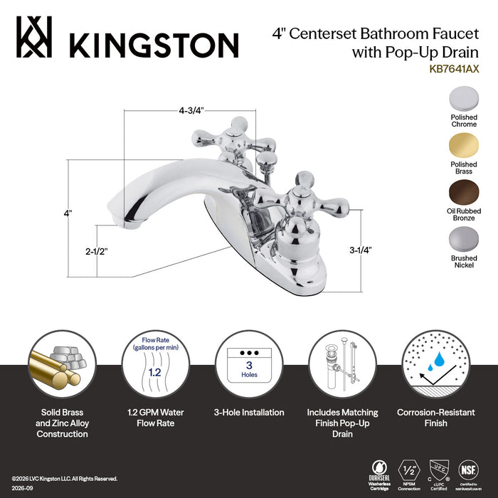 Kingston Brass KB7648AX English Country Double-Handle 4" Centerset Bathroom Faucet with Pop-Up Drain, Brushed Nickel