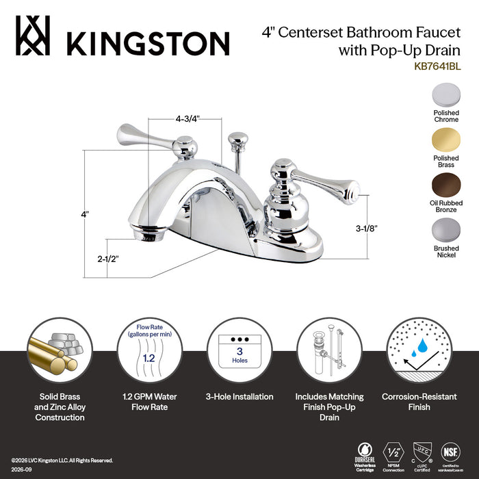 Kingston Brass KB7648BL English Country Double-Handle 4" Centerset Bathroom Faucet with Pop-Up Drain, Brushed Nickel