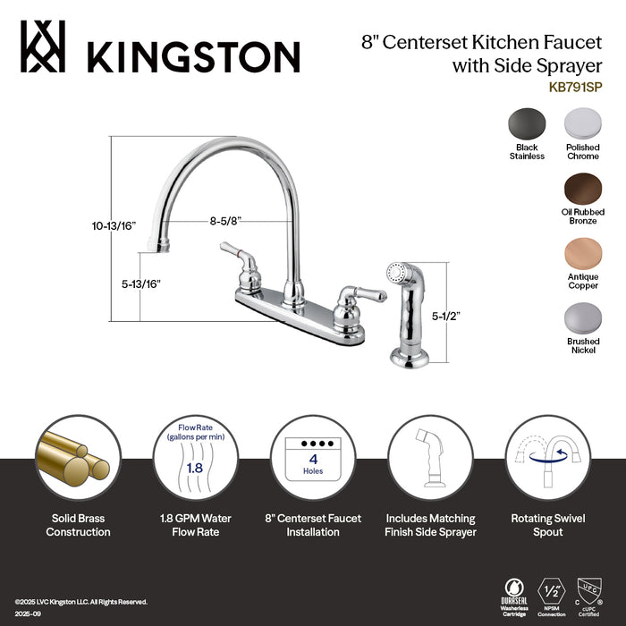 Kingston KB7900SP Magellan Two-Handle 8" Centerset Kitchen Faucet with Side Sprayer, Black Stainless