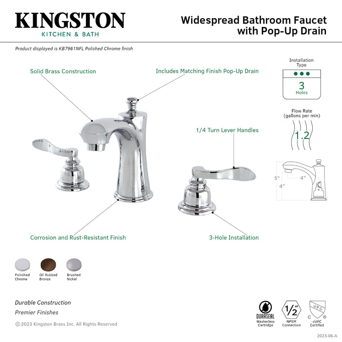 Kingston Brass KB7968NFL NuWave French Widespread Bathroom Faucet with Pop-Up Drain, Brushed Nickel