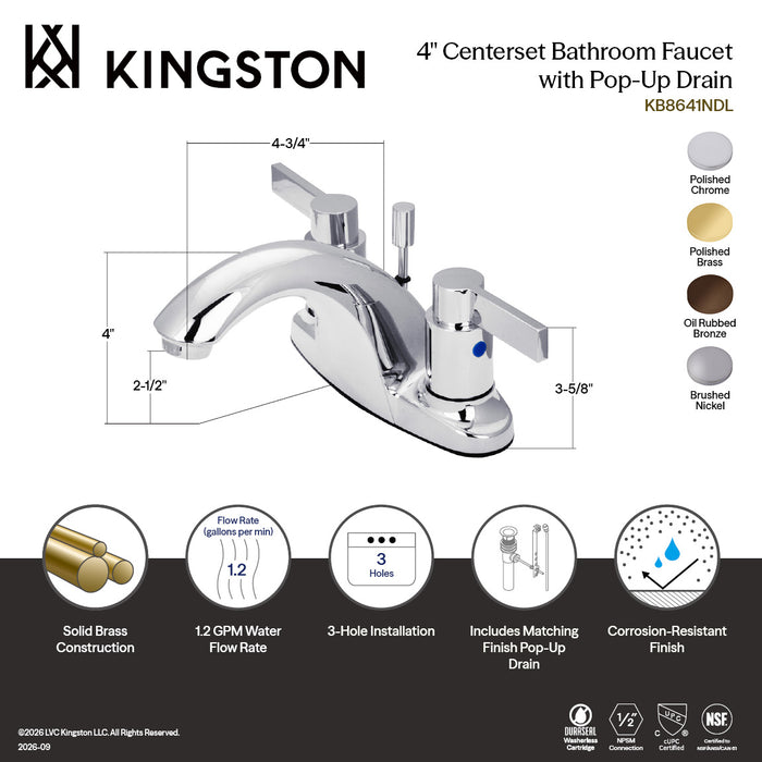 Kingston Brass KB8648NDL NuvoFusion Double-Handle 4" Centerset Bathroom Faucet with Pop-Up Drain, Brushed Nickel