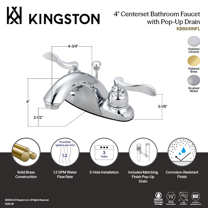 Kingston Brass KB8648NFL NuWave French Double-Handle 4" Centerset Bathroom Faucet with Pop-Up Drain, Brushed Nickel