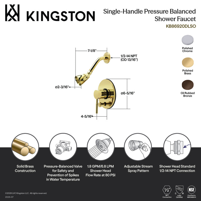 Kingston Brass KB86910DLSO Concord Single-Handle Pressure Balanced Shower Faucet with Diverter Handle, Polished Chrome
