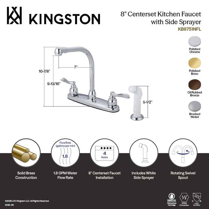 Kingston KB8752NFL NuWave French Two-Handle 8" Centerset Kitchen Faucet with Side Sprayer, Polished Brass