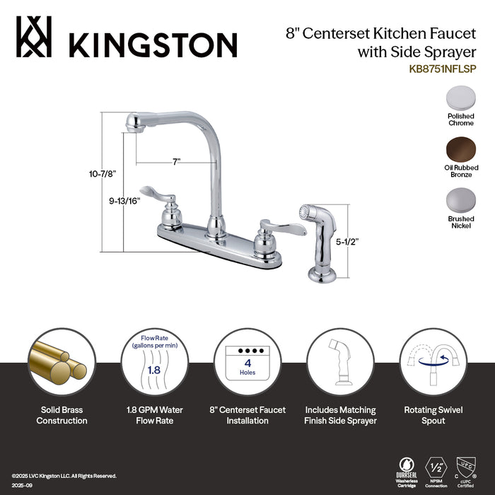 Kingston KB8758NFLSP NuWave French Two-Handle 8" Centerset Kitchen Faucet with Side Sprayer, Brushed Nickel