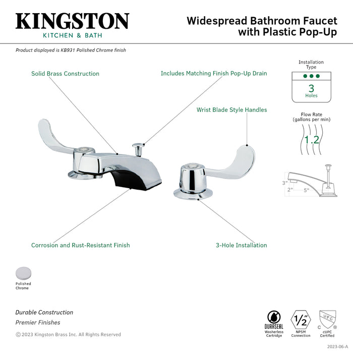Kingston Brass KB931 Vista Widespread Bathroom Faucet with ABS Pop-Up Drain, Polished Chrome