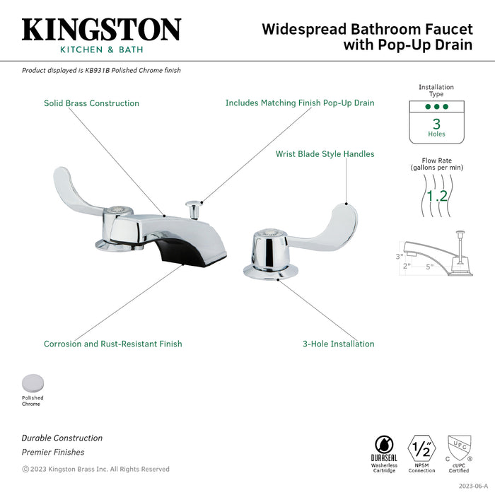 Kingston Brass KB931B Vista Widespread Bathroom Faucet with Pop-Up Drain, Polished Chrome