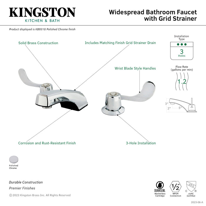 Kingston Brass KB931G Vista Widespread Bathroom Faucet with Grid Strainer, Polished Chrome