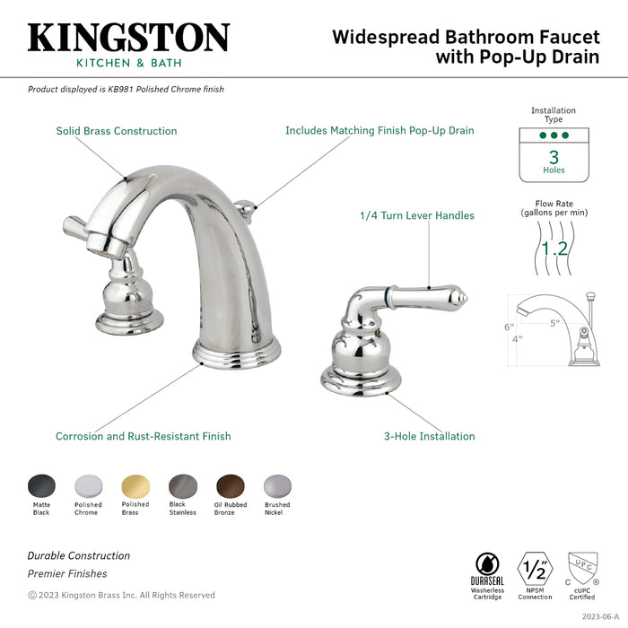 Kingston Brass KB983 Magellan Widespread Bathroom Faucet with Pop-Up Drain, Black Stainless
