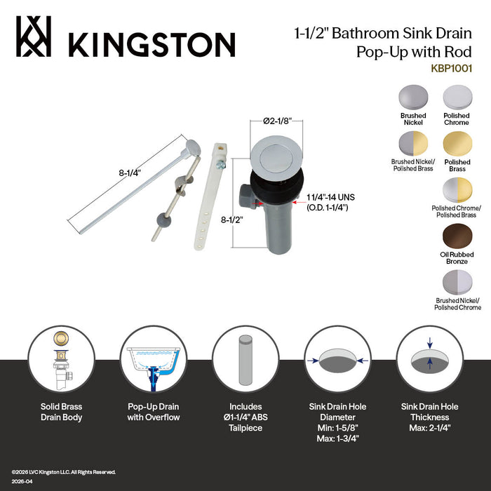 Kingston Brass KBP1005 Plastic Pop-Up Drain with Overflow, Oil Rubbed Bronze