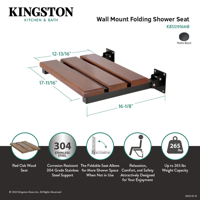 Kingston Brass KBSS1916MB Chaise 19" x 16" Wall Mount Folding Shower Seat, Matte Black