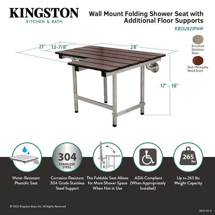Kingston Brass KBSS2821PMW Adascape 28" x 21" Wall Mount Fold Down Shower Seat with Additional Floor Supports, Dark Mahogany Wood Grain/SS
