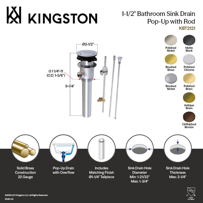 Kingston Brass KBT2120 Brass Pop-Up Drain with Overflow and Extra Long Pop-Up rod, 22 Gauge, Oil Rubed Bronze