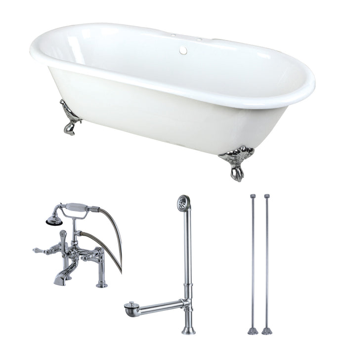 Aqua Eden KCT7D663013C1 66" Cast Iron Oval Double Ended Clawfoot Tub with Faucet Drain and Supply Lines Combo, White/Polished Chrome