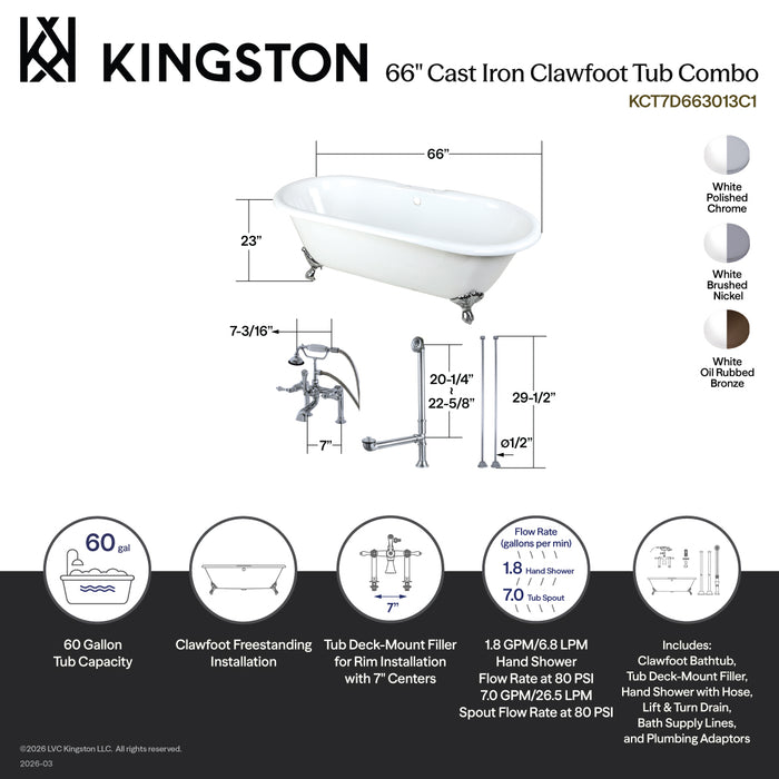 Aqua Eden KCT7D663013C8 66" Cast Iron Oval Double Ended Clawfoot Tub with Faucet Drain and Supply Lines Combo, White/Brushed Nickel