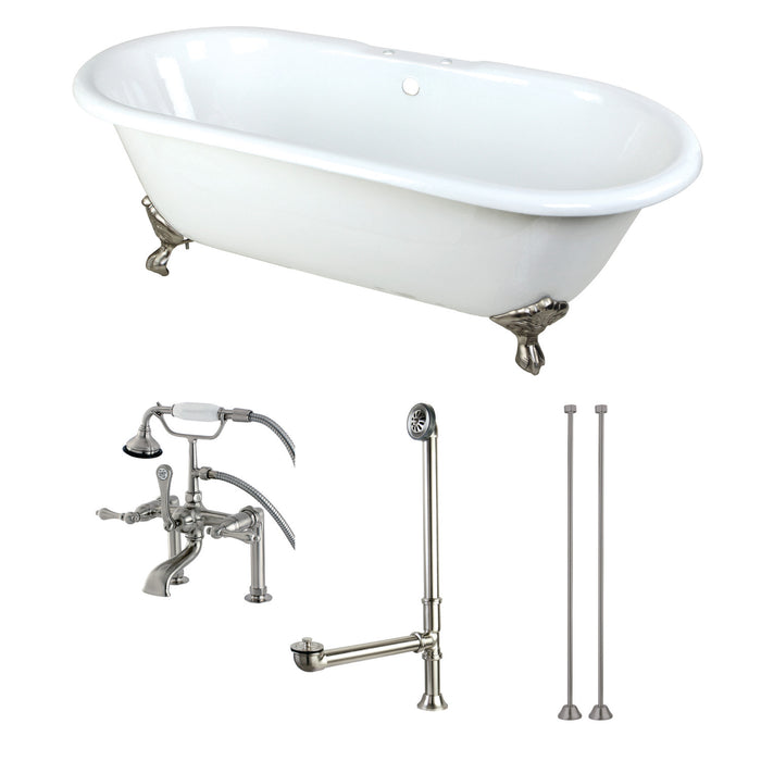 Aqua Eden KCT7D663013C8 66" Cast Iron Oval Double Ended Clawfoot Tub with Faucet Drain and Supply Lines Combo, White/Brushed Nickel