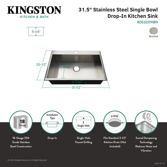 Gourmetier KDS322191BN Uptowne 32" Stainless Steel Self-Rimming Single Bowl Drop-In Kitchen Sink (1 Hole), Brushed