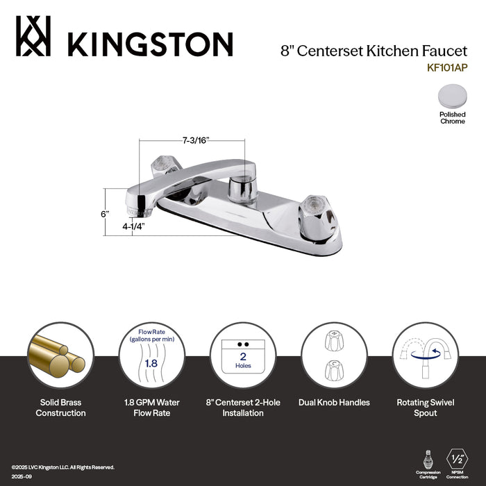 Kingston KF101AP Two-Handle 8" Centerset Kitchen Faucet, Polished Chrome