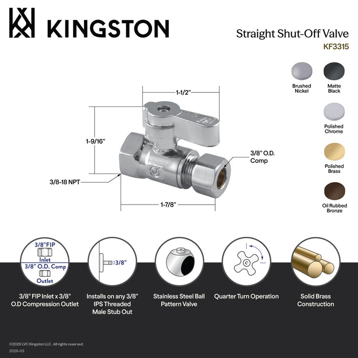 Kingston Brass KF3315PB 3/8" FIP x 3/8" O.D. Comp Quarter-Turn Straight Shut-Off Valve, Polished Brass