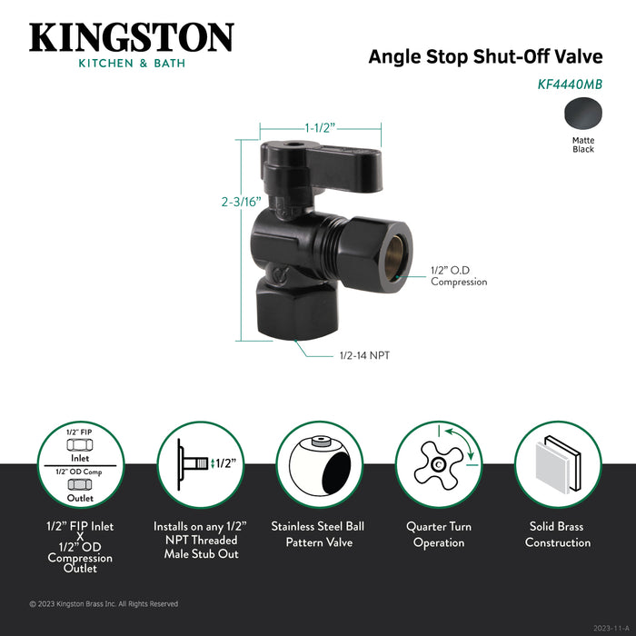 Kingston Brass KF4440MB 1/2" FIP x 1/2" O.D. Comp Quarter-Turn Angle Shut-Off Valve, Matte Black