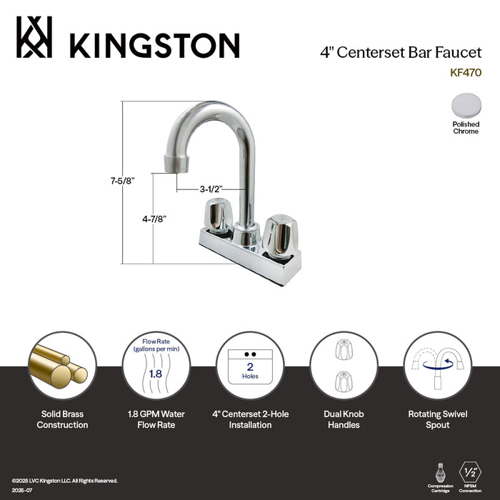 Kingston Brass KF470  Double-Handle 4" Centerset Bar Faucet, Polished Chrome