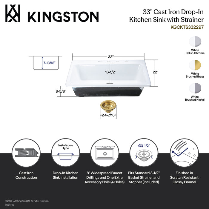 Kingston Brass KGCKTS332291 Towne 33" Cast Iron Self-Rimming Single Bowl Drop-In Kitchen Sink (4-Hole) with Strainer, White/Polished Chrome