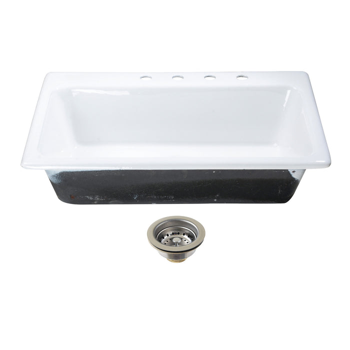 Kingston Brass KGCKTS332291 Towne 33" Cast Iron Self-Rimming Single Bowl Drop-In Kitchen Sink (4-Hole) with Strainer, White/Polished Chrome