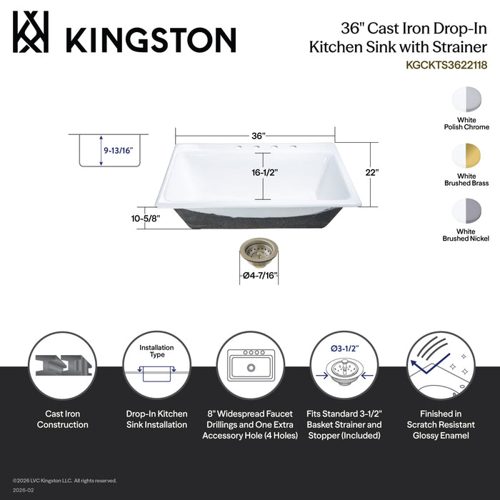Kingston Brass KGCKTS3622111 Towne 36" Cast Iron Self-Rimming Single Bowl Drop-In Kitchen Sink (4-Hole) with Strainer, White/Polished Chrome