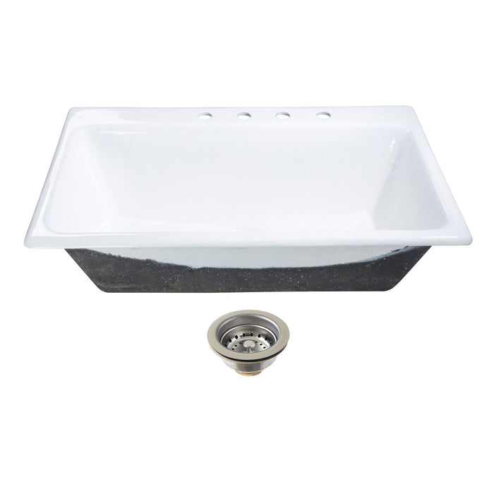 Kingston Brass KGCKTS3622111 Towne 36" Cast Iron Self-Rimming Single Bowl Drop-In Kitchen Sink (4-Hole) with Strainer, White/Polished Chrome