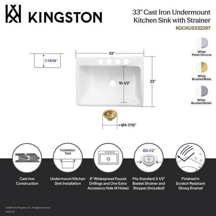 Kingston Brass KGCKUS332291 Towne 33" Cast Iron Single Bowl Undermount Kitchen Sink (4-Hole) with Strainer, White/Polished Chrome
