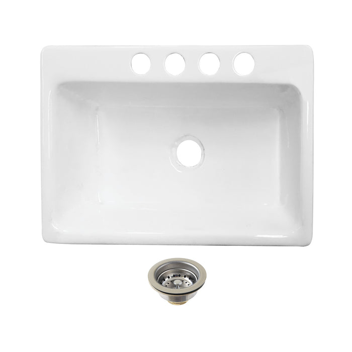 Kingston Brass KGCKUS332291 Towne 33" Cast Iron Single Bowl Undermount Kitchen Sink (4-Hole) with Strainer, White/Polished Chrome