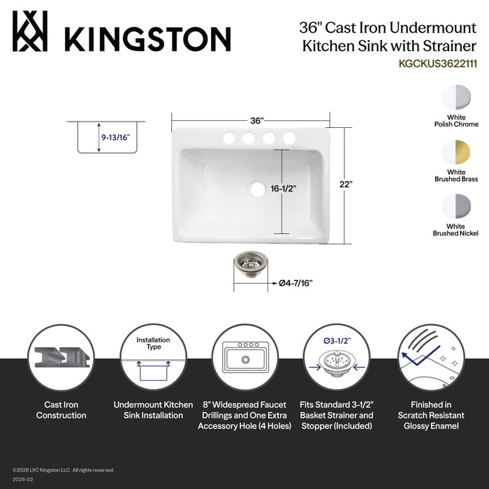Kingston Brass KGCKUS3622111 Towne 36" Cast Iron Single Bowl Undermount Kitchen Sink (4-Hole) with Strainer, White/Polished Chrome