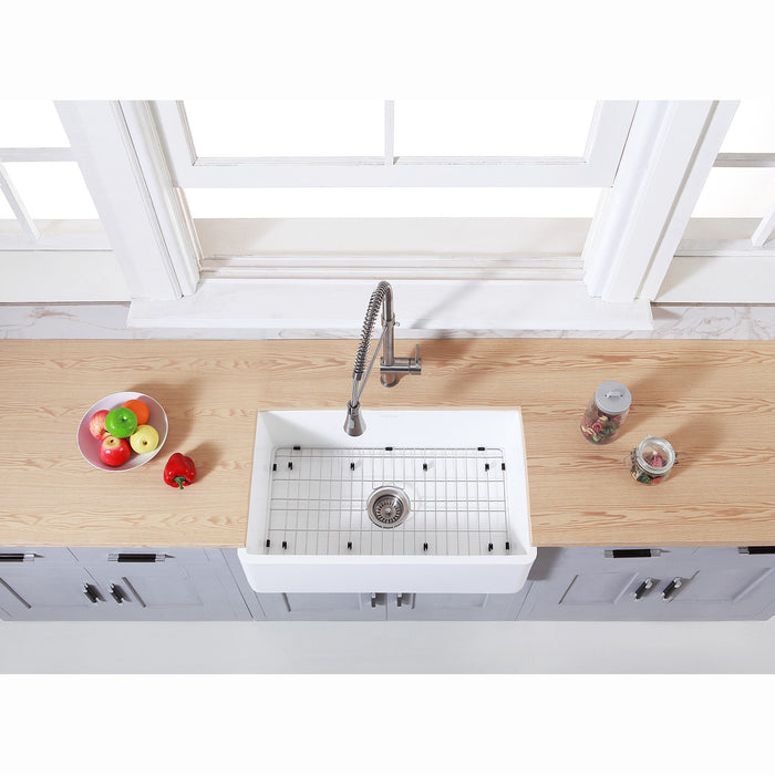 Gourmetier KGKFA301810BC 30" x 18" Farmhouse Kitchen Sink with Strainer and Grid, Matte White/Brushed