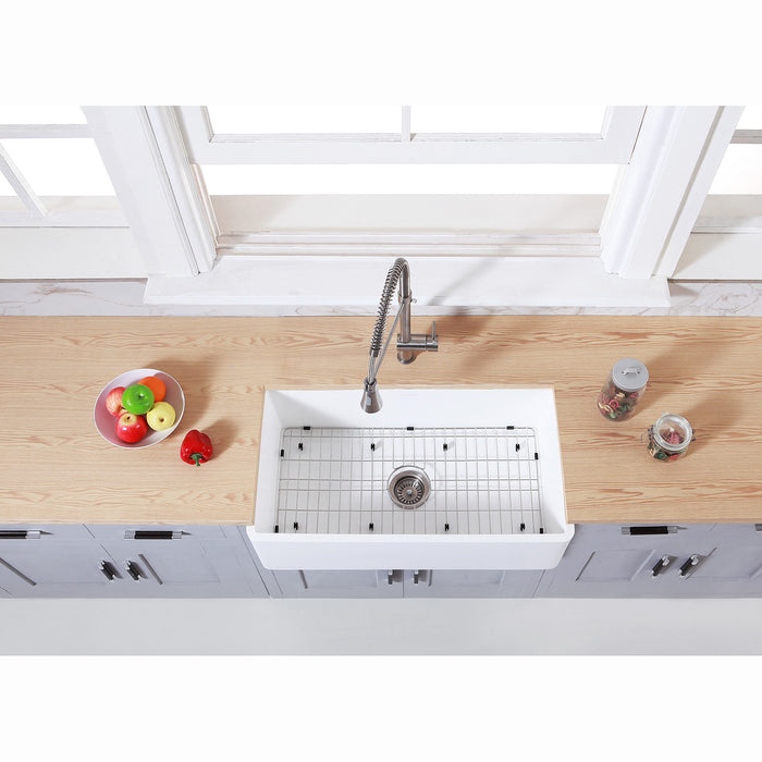 Gourmetier KGKFA331810BC 33" x 18" Farmhouse Kitchen Sink with Strainer and Grid, Matte White/Brushed