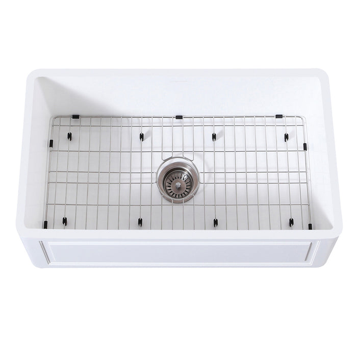 Gourmetier KGKFA331810LD 33" x 18" Farmhouse Kitchen Sink with Strainer and Grid, Matte White/Brushed