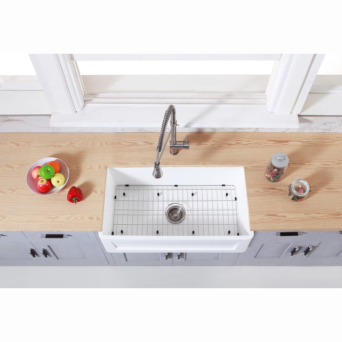 Gourmetier KGKFA361810SQ 36" x 18" Farmhouse Kitchen Sink with Strainer and Grid, Matte White/Brushed