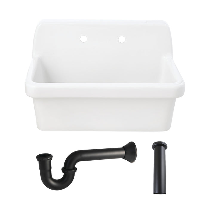 Kingston Brass KGPKWS3019180 Doriteal 30" Ceramic Single Bowl Wall Mount Kitchen Sink with Strainer, White/Matte Black