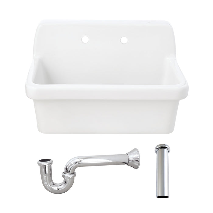 Kingston Brass KGPKWS3019181 Doriteal 30" Ceramic Single Bowl Wall Mount Kitchen Sink with Strainer, White/Polished Chrome