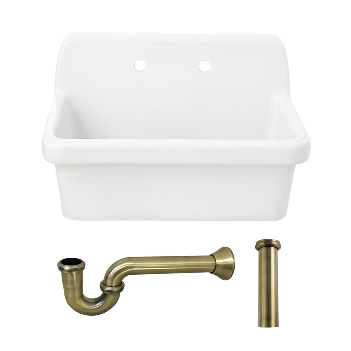 Kingston Brass KGPKWS3019183 Doriteal 30" Ceramic Single Bowl Wall Mount Kitchen Sink with Strainer, White/Antique Brass