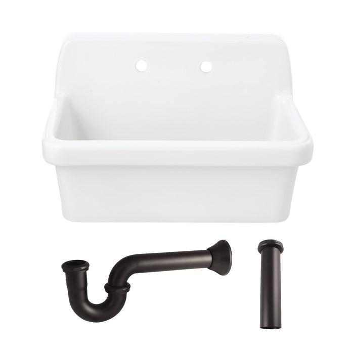 Kingston Brass KGPKWS3019185 Doriteal 30" Ceramic Single Bowl Wall Mount Kitchen Sink with Strainer, White/Oil Rubbed Bronze