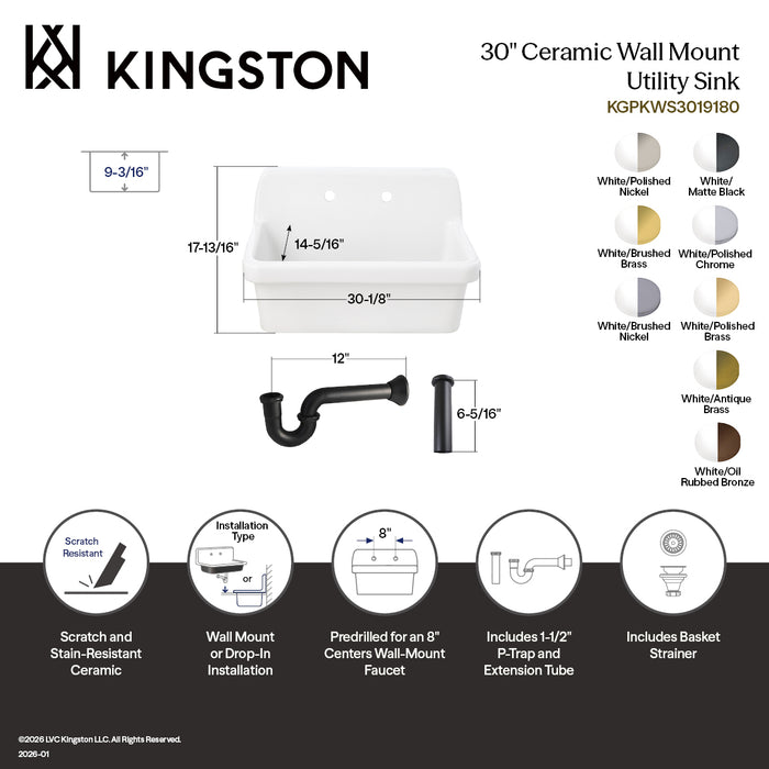 Kingston Brass KGPKWS3019186 Doriteal 30" Ceramic Single Bowl Wall Mount Kitchen Sink with Strainer, White/Polished Nickel
