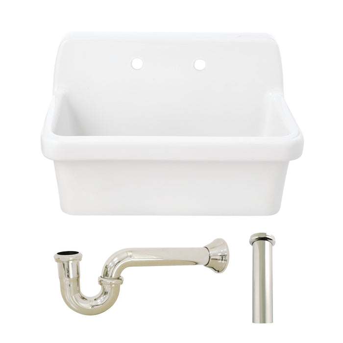 Kingston Brass KGPKWS3019186 Doriteal 30" Ceramic Single Bowl Wall Mount Kitchen Sink with Strainer, White/Polished Nickel