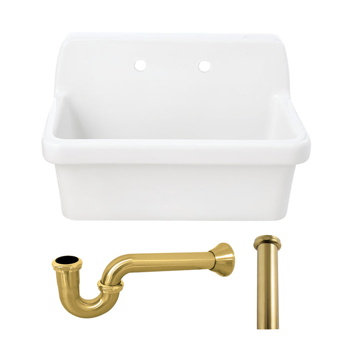 Kingston Brass KGPKWS3019187 Doriteal 30" Ceramic Single Bowl Wall Mount Kitchen Sink with Strainer, White/Brushed Brass