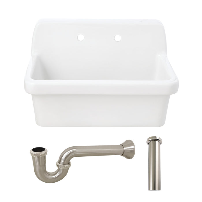 Kingston Brass KGPKWS3019188 Doriteal 30" Ceramic Single Bowl Wall Mount Kitchen Sink with Strainer, White/Brushed Nickel