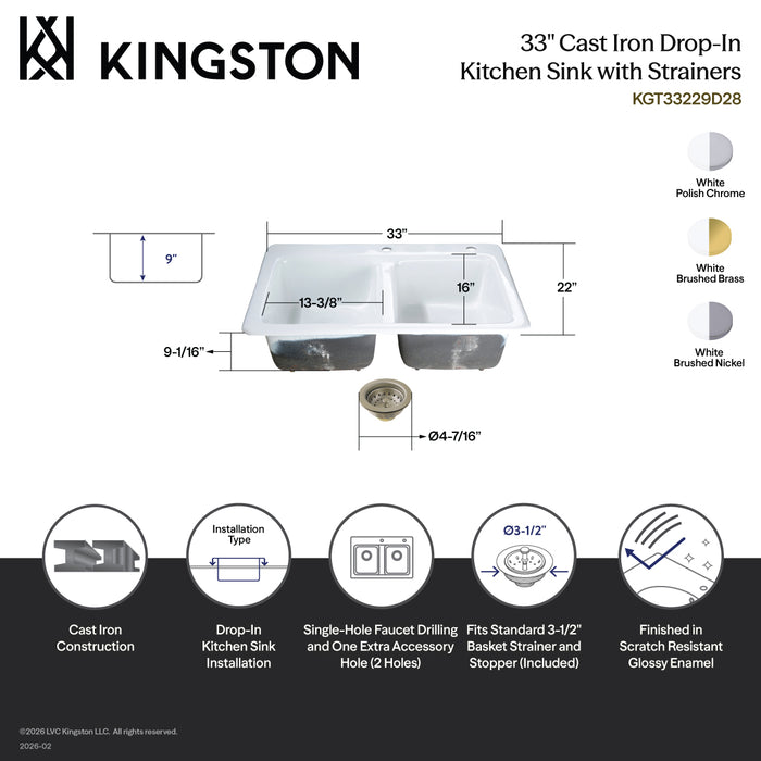 Kingston Brass KGT33229D21 Petra Galley 33" Cast Iron Self-Rimming Double Bowl Drop-In Kitchen Sink (2-Hole) with Basket Strainers x 2, White/Polished Chrome