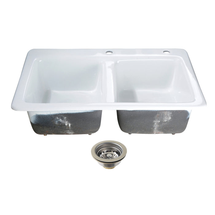 Kingston Brass KGT33229D21 Petra Galley 33" Cast Iron Self-Rimming Double Bowl Drop-In Kitchen Sink (2-Hole) with Basket Strainers x 2, White/Polished Chrome