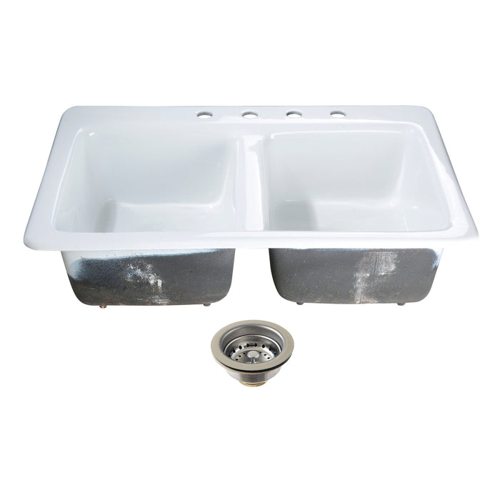 Kingston Brass KGT33229D41 Petra Galley 33" Cast Iron Self-Rimming Double Bowl Drop-In Kitchen Sink (4-Hole) with Basket Strainers x 2, White/Polished Chrome