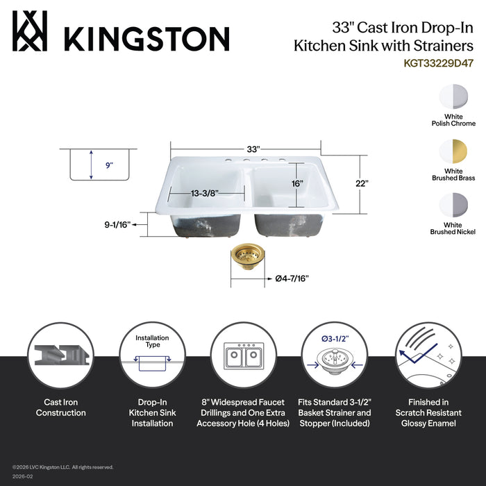 Kingston Brass KGT33229D47 Petra Galley 33" Cast Iron Self-Rimming Double Bowl Drop-In Kitchen Sink (4-Hole) with Basket Strainers x 2, White/Brushed Brass