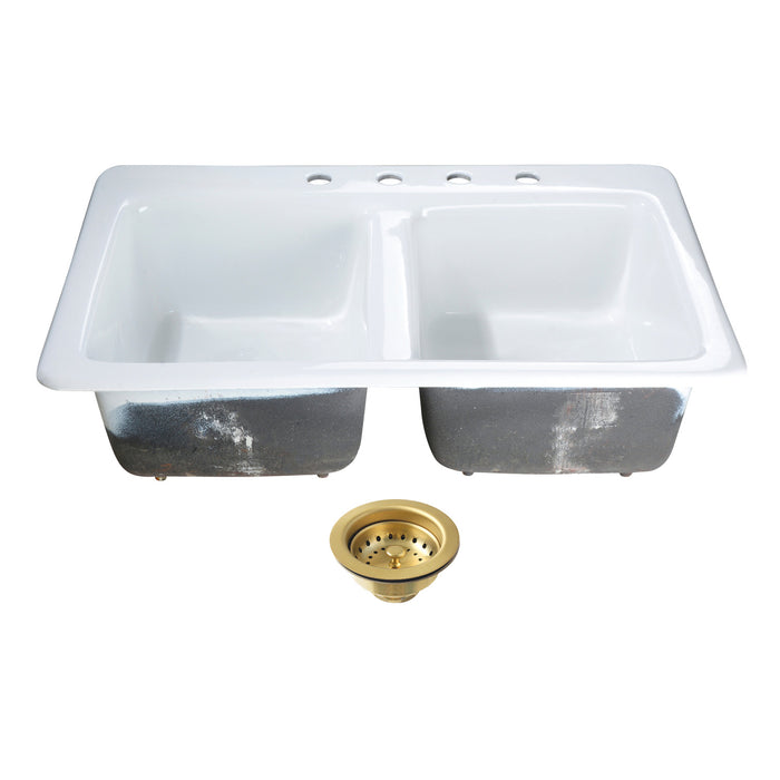 Kingston Brass KGT33229D47 Petra Galley 33" Cast Iron Self-Rimming Double Bowl Drop-In Kitchen Sink (4-Hole) with Basket Strainers x 2, White/Brushed Brass